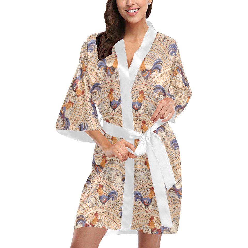 Cute rooster chicken cock floral ornament backgrou Women's Short Kimono Robe