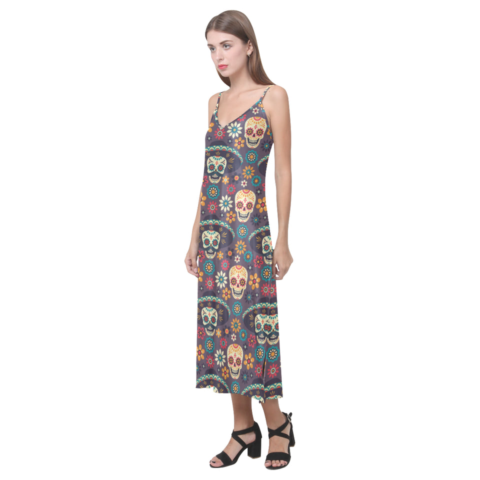Sugar skulls flower maxican pattern V-Neck Open Fork Long Dress