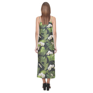 White orchid flower tropical leaves pattern blackg V-Neck Open Fork Long Dress