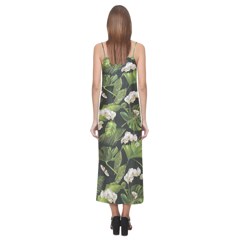 White orchid flower tropical leaves pattern blackg V-Neck Open Fork Long Dress