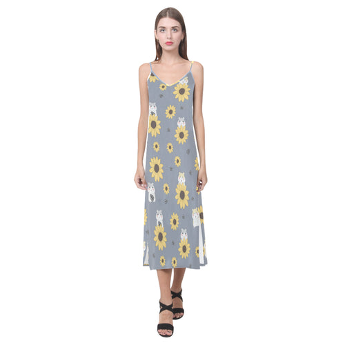 Cute hamster sunflower pattern background V-Neck Open Fork Long Dress