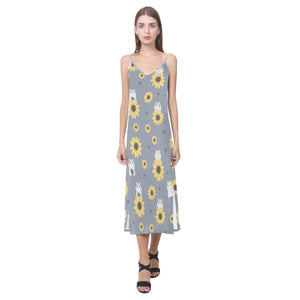 Cute hamster sunflower pattern background V-Neck Open Fork Long Dress