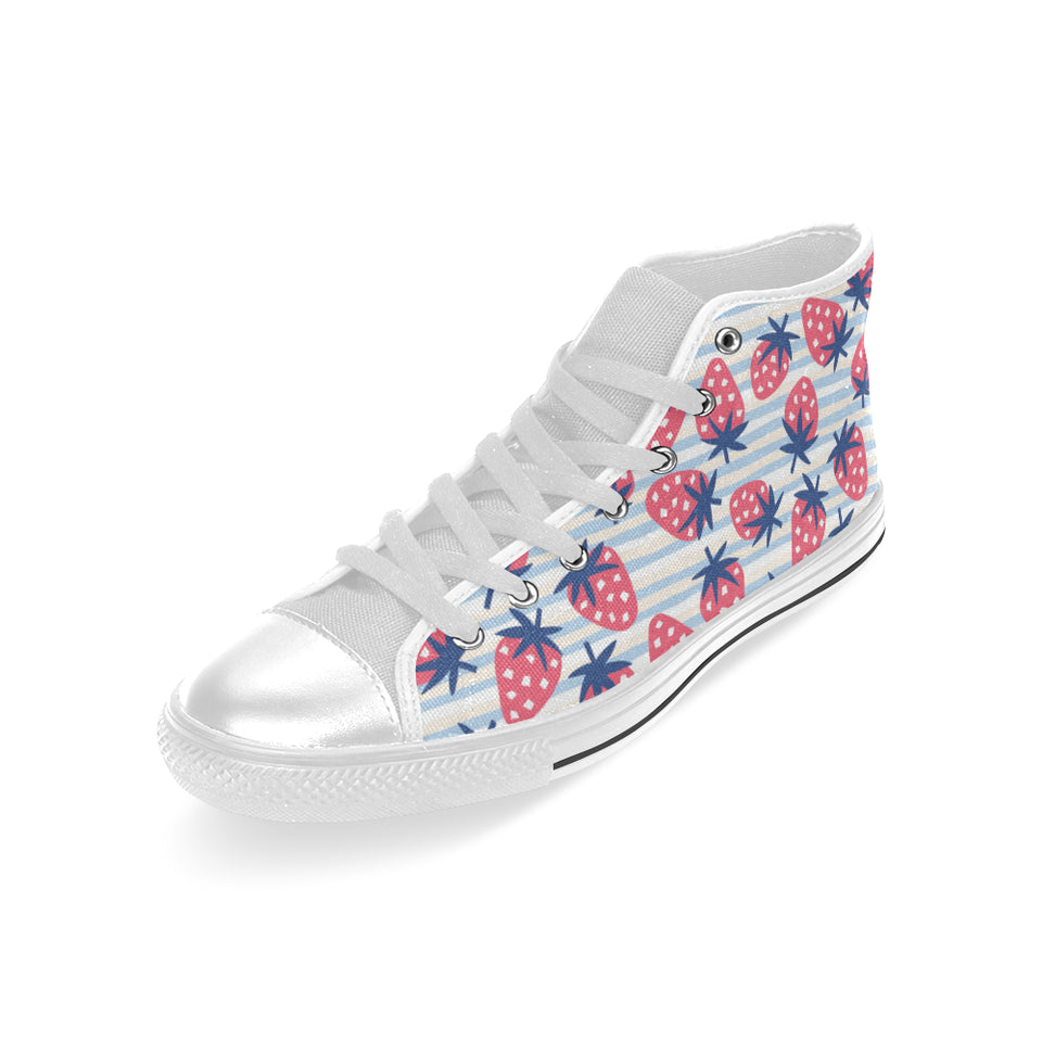 Strawberry pattern blue lines background Men's High Top Canvas Shoes White