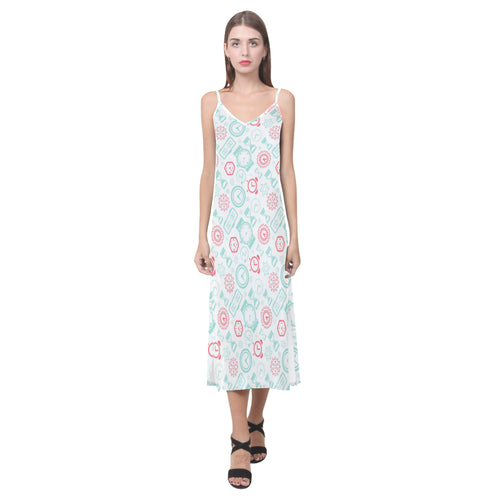 Clock time pattern blackground V-Neck Open Fork Long Dress