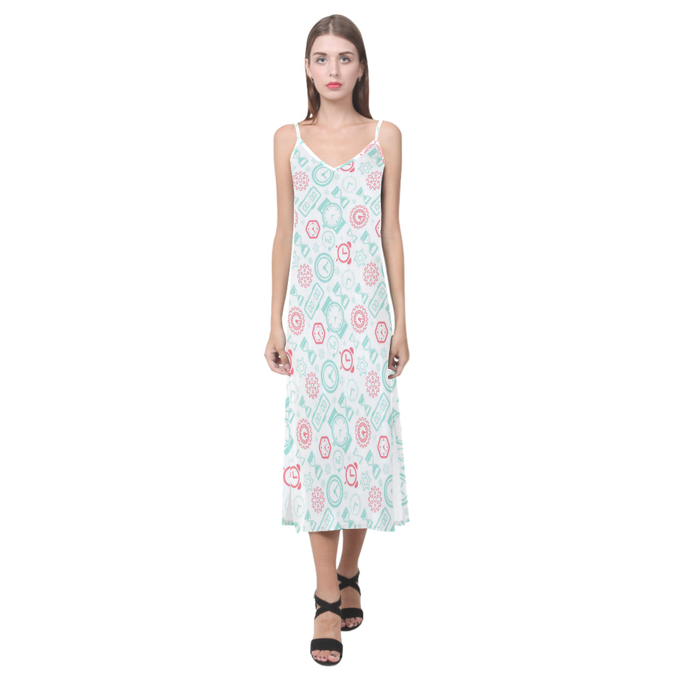 Clock time pattern blackground V-Neck Open Fork Long Dress