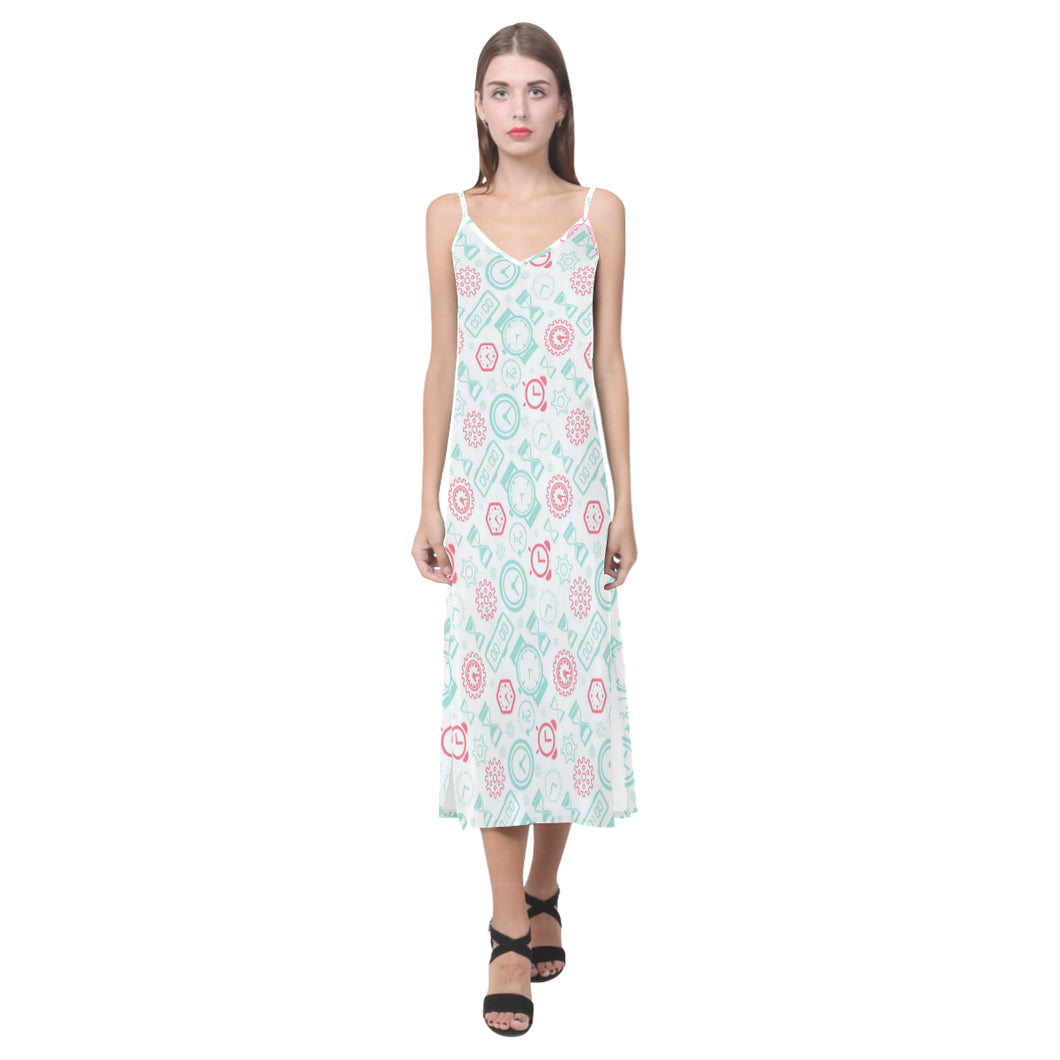 Clock time pattern blackground V-Neck Open Fork Long Dress