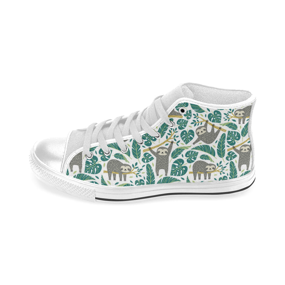 Cute sloths tropical palm leaves white background Men's High Top Canvas Shoes White