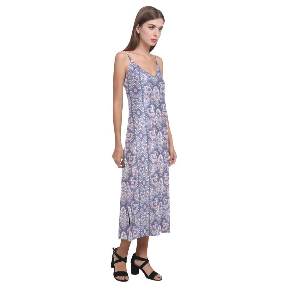 Indian Batik Style pattern V-Neck Open Fork Long Dress