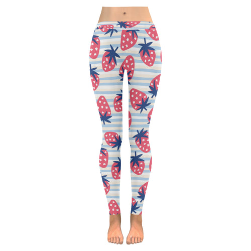 Strawberry pattern blue lines background Women's Legging Fulfilled In US