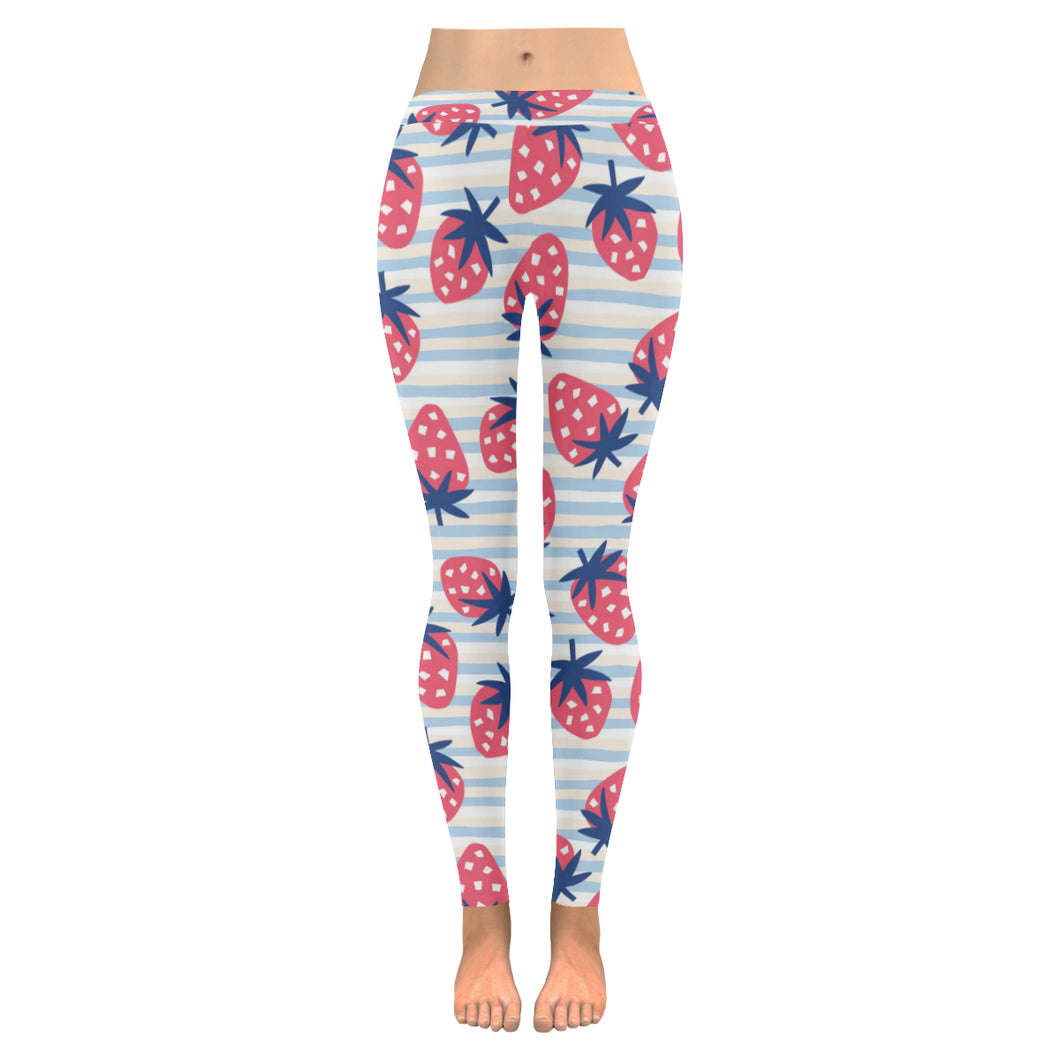 Strawberry pattern blue lines background Women's Legging Fulfilled In US