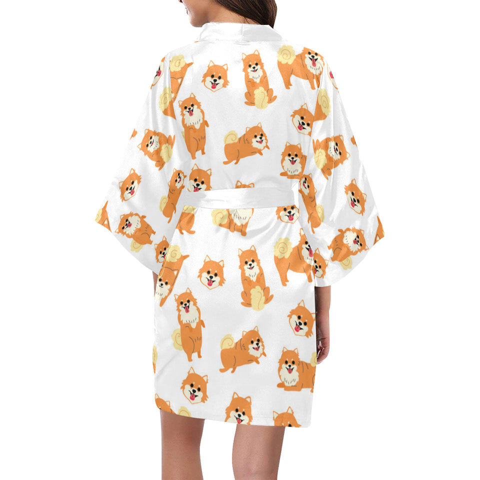 Brown pomeranian pattern Women's Short Kimono Robe