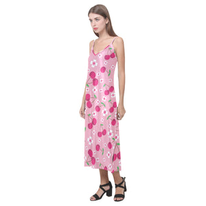 cherry flower pattern pink background V-Neck Open Fork Long Dress