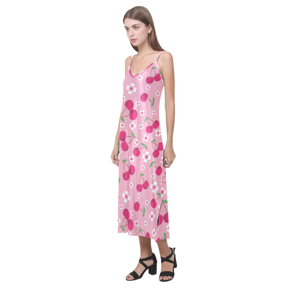 cherry flower pattern pink background V-Neck Open Fork Long Dress