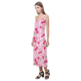 cherry flower pattern pink background V-Neck Open Fork Long Dress