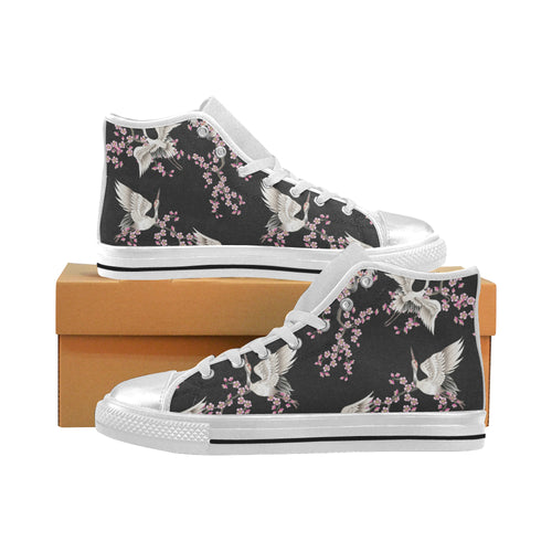 Japanese crane pink sakura pattern Women's High Top Canvas Shoes White