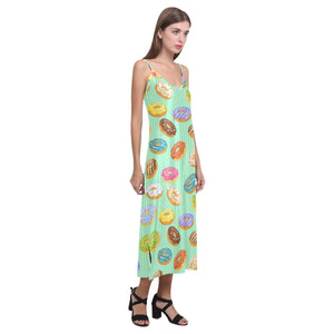 Colorful donut pattern green background V-Neck Open Fork Long Dress
