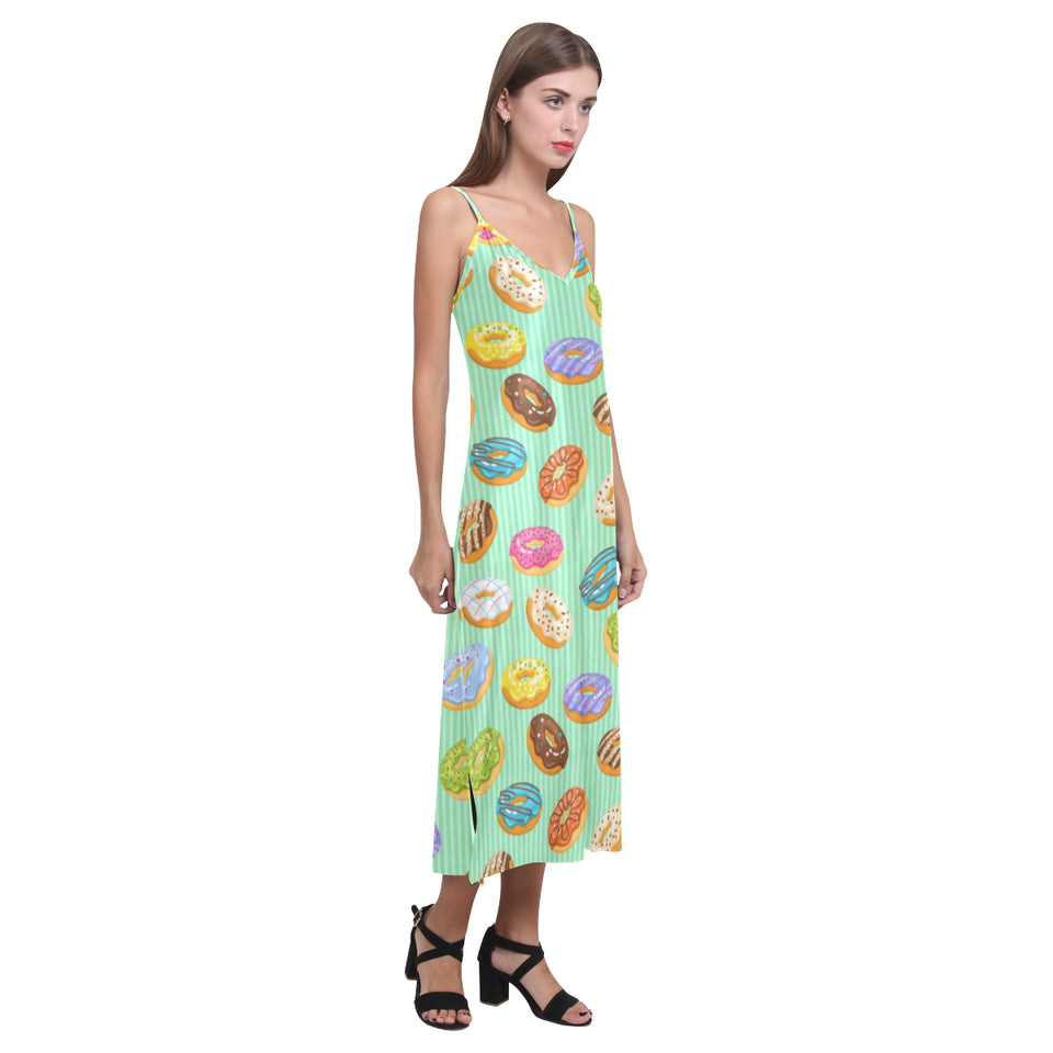 Colorful donut pattern green background V-Neck Open Fork Long Dress