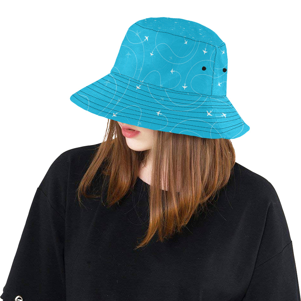 Airplane destinations blue background Unisex Bucket Hat