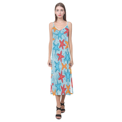 Blue red orange starfish pattern V-Neck Open Fork Long Dress