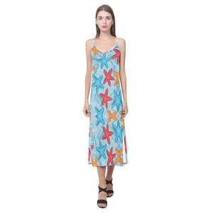 Blue red orange starfish pattern V-Neck Open Fork Long Dress