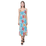 Blue red orange starfish pattern V-Neck Open Fork Long Dress