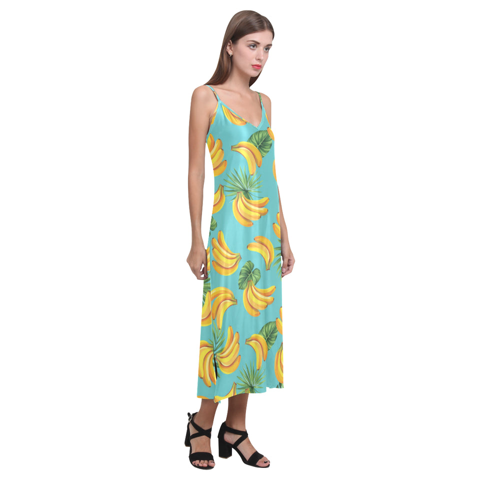 Banana Palm Leaves pattern background V-Neck Open Fork Long Dress