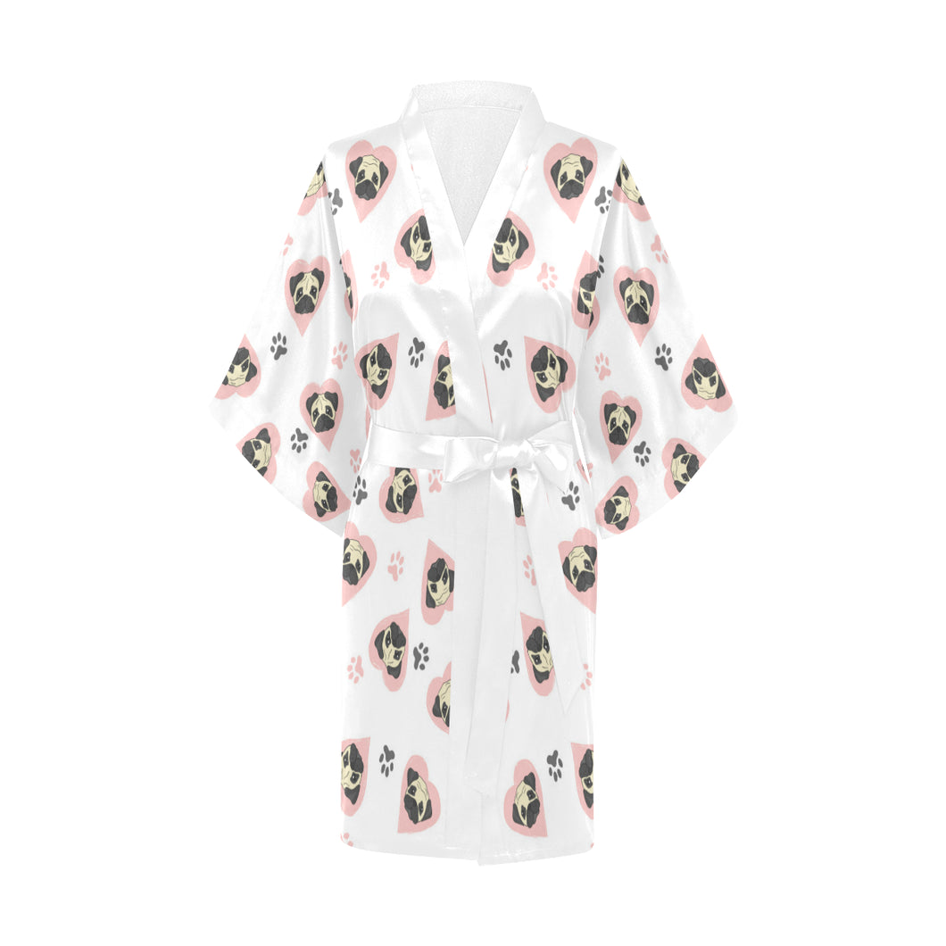 Cute pugs pink heart paw pattern Women's Short Kimono Robe