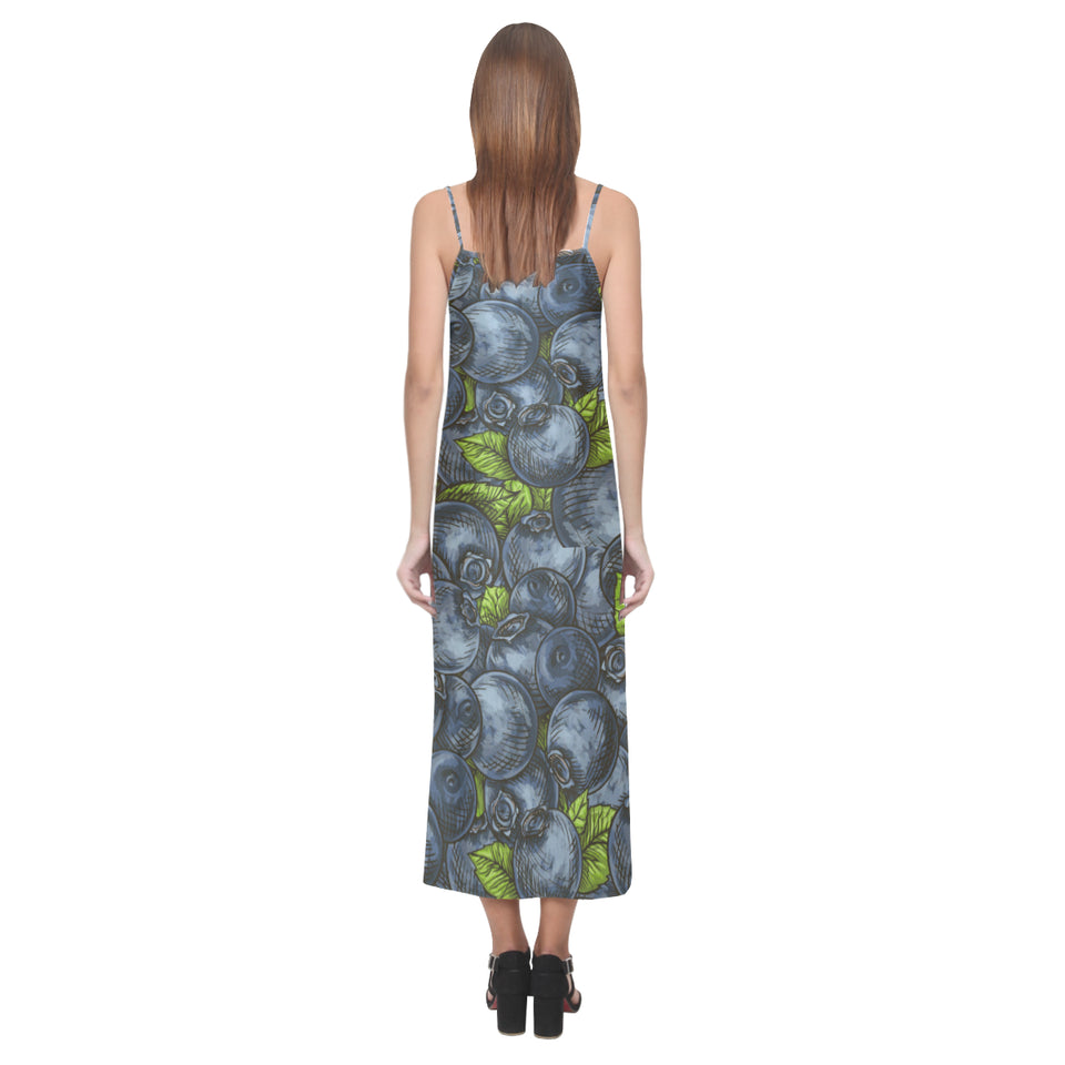 blueberry pattern V-Neck Open Fork Long Dress