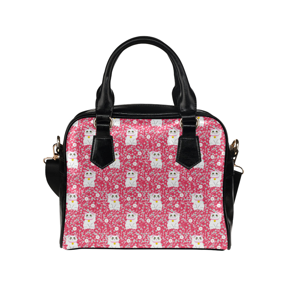 Maneki neko cat sakura pink background Shoulder Handbag