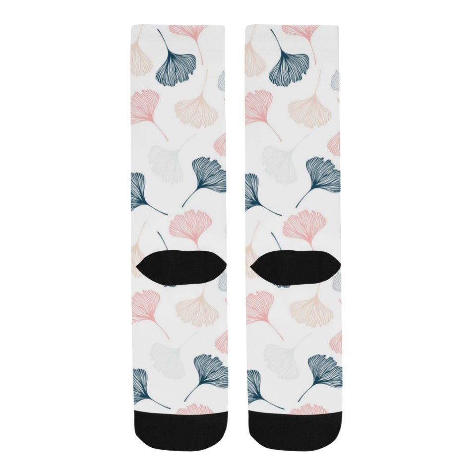 Black Gray Cream coral ginkgo leaves pattern Crew Socks