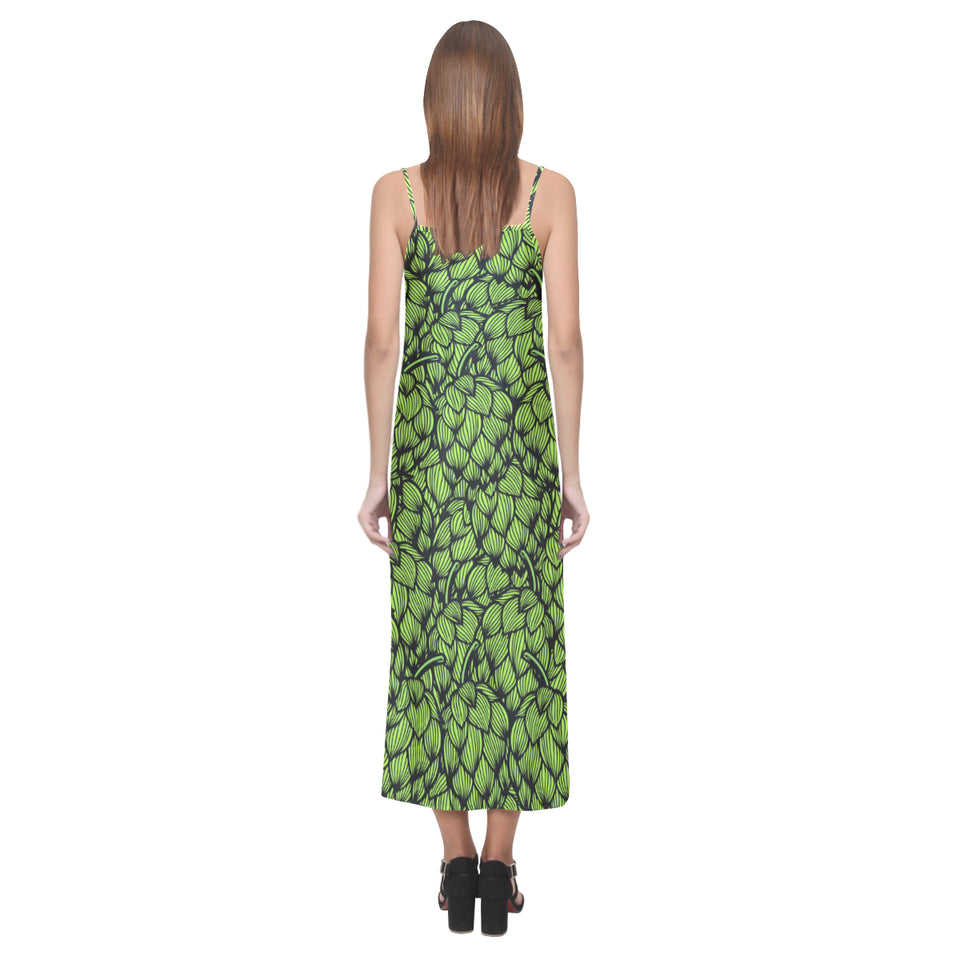 Green hop pattern V-Neck Open Fork Long Dress