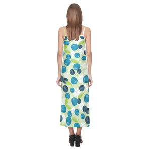 blueberry flower pattern V-Neck Open Fork Long Dress