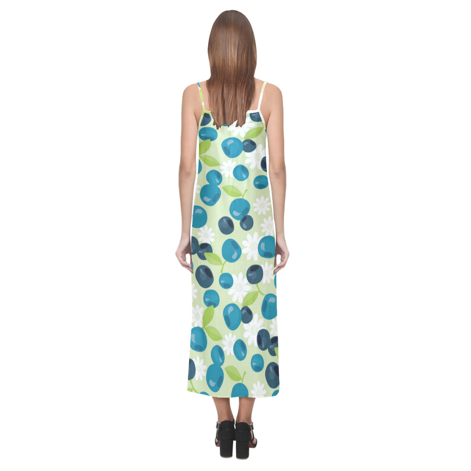 blueberry flower pattern V-Neck Open Fork Long Dress
