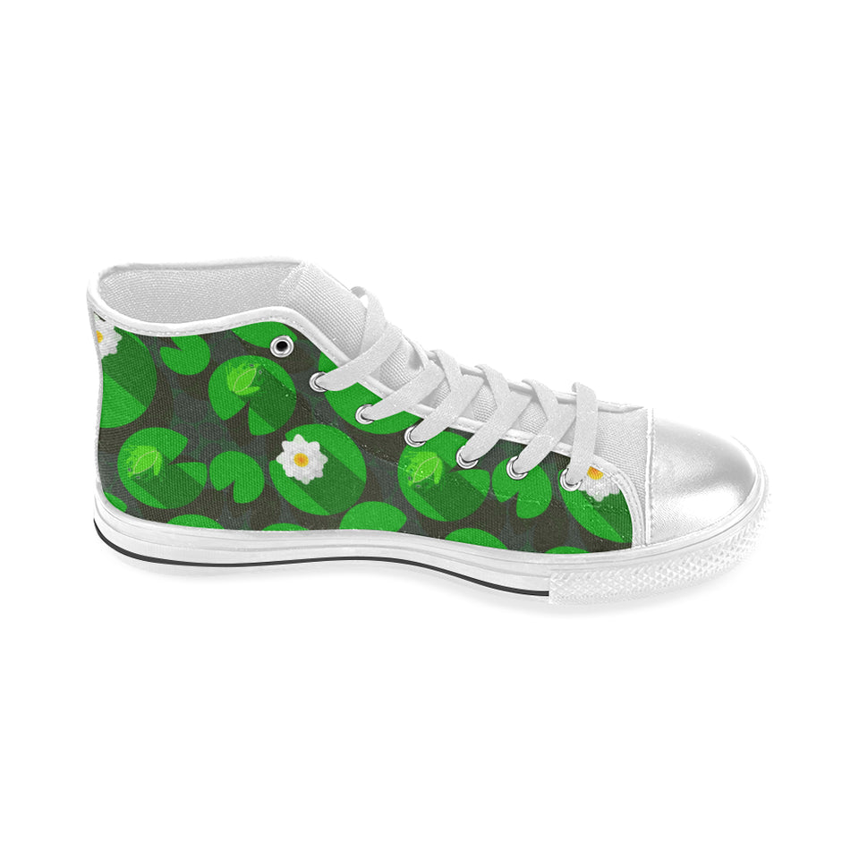 Frog waterlily pattern Women's High Top Canvas Shoes White