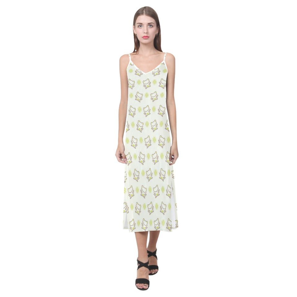 Cute cartoon frog baby pattern V-Neck Open Fork Long Dress