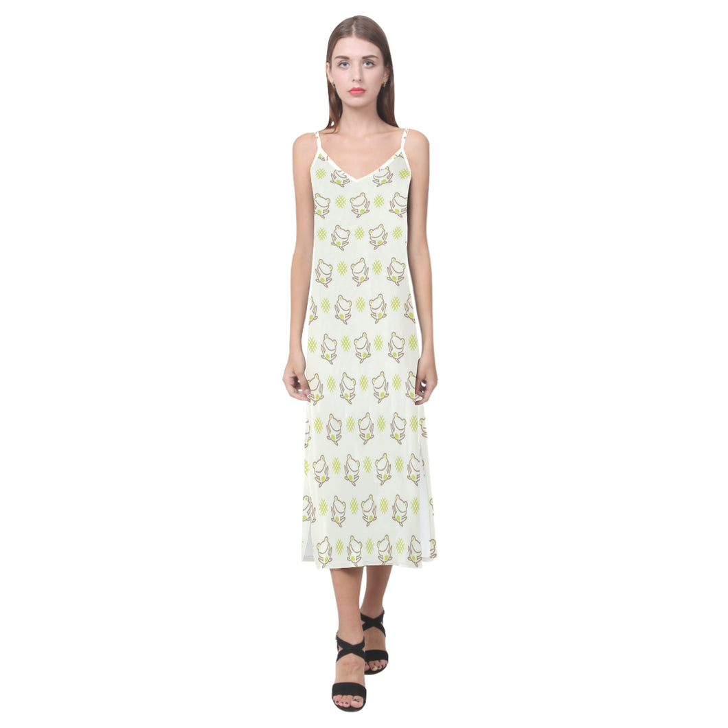Cute cartoon frog baby pattern V-Neck Open Fork Long Dress