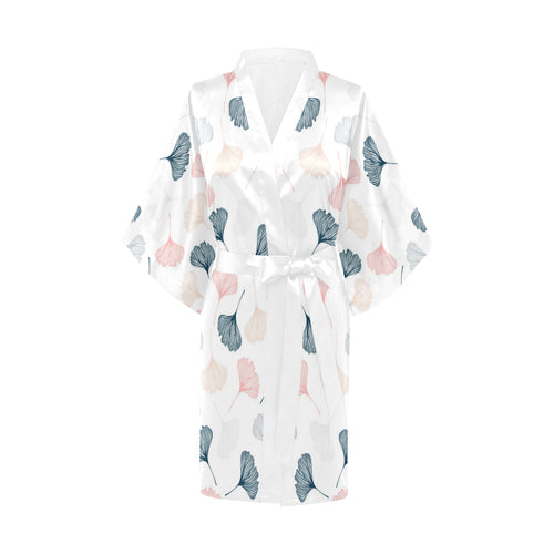 Black Gray Cream coral ginkgo leaves pattern Women's Short Kimono Robe