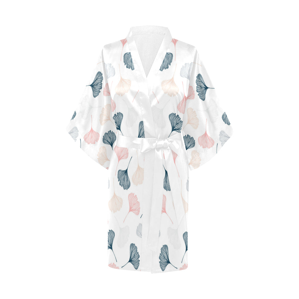 Black Gray Cream coral ginkgo leaves pattern Women's Short Kimono Robe