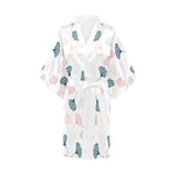 Black Gray Cream coral ginkgo leaves pattern Women's Short Kimono Robe