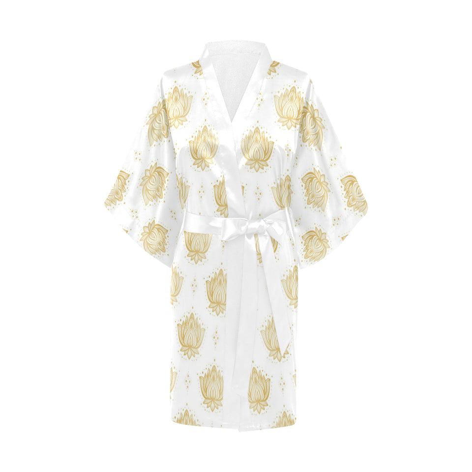 Gold Ornamental lotue waterlily symbol pattern Women's Short Kimono Robe