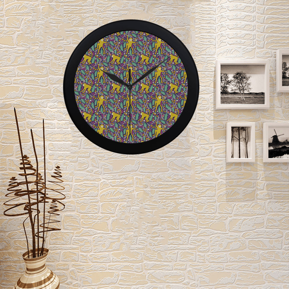 Cute yellow monkey leaves pattern Elegant Black Wall Clock