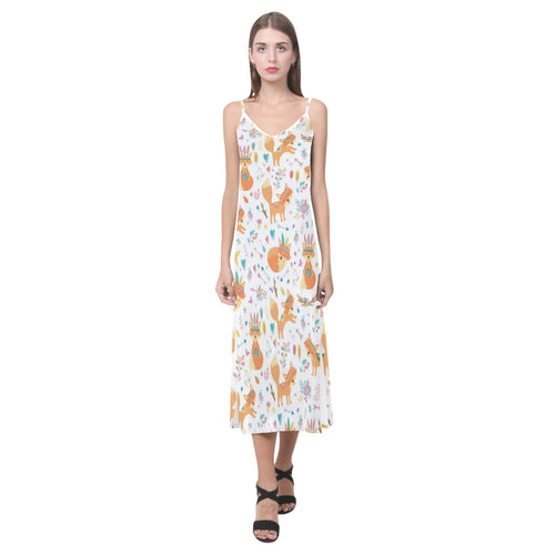 cute tribal fox pattern V-Neck Open Fork Long Dress
