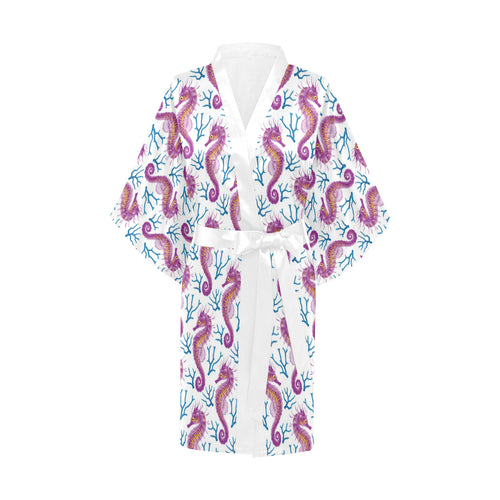 Purple seahorse blue coral pattern Women's Short Kimono Robe