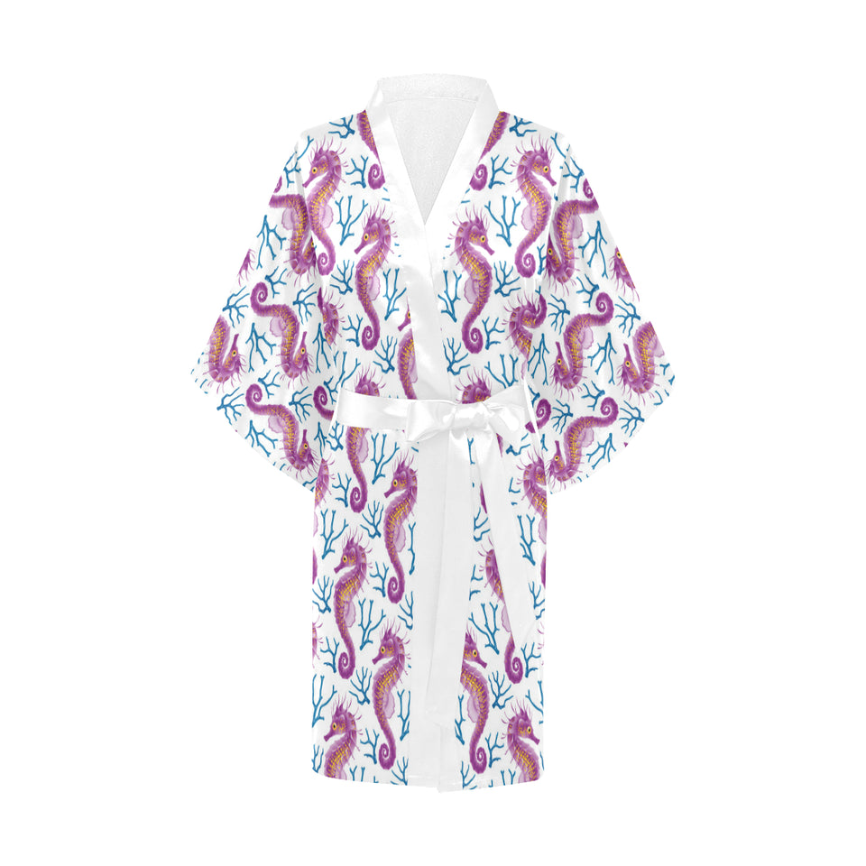 Purple seahorse blue coral pattern Women's Short Kimono Robe