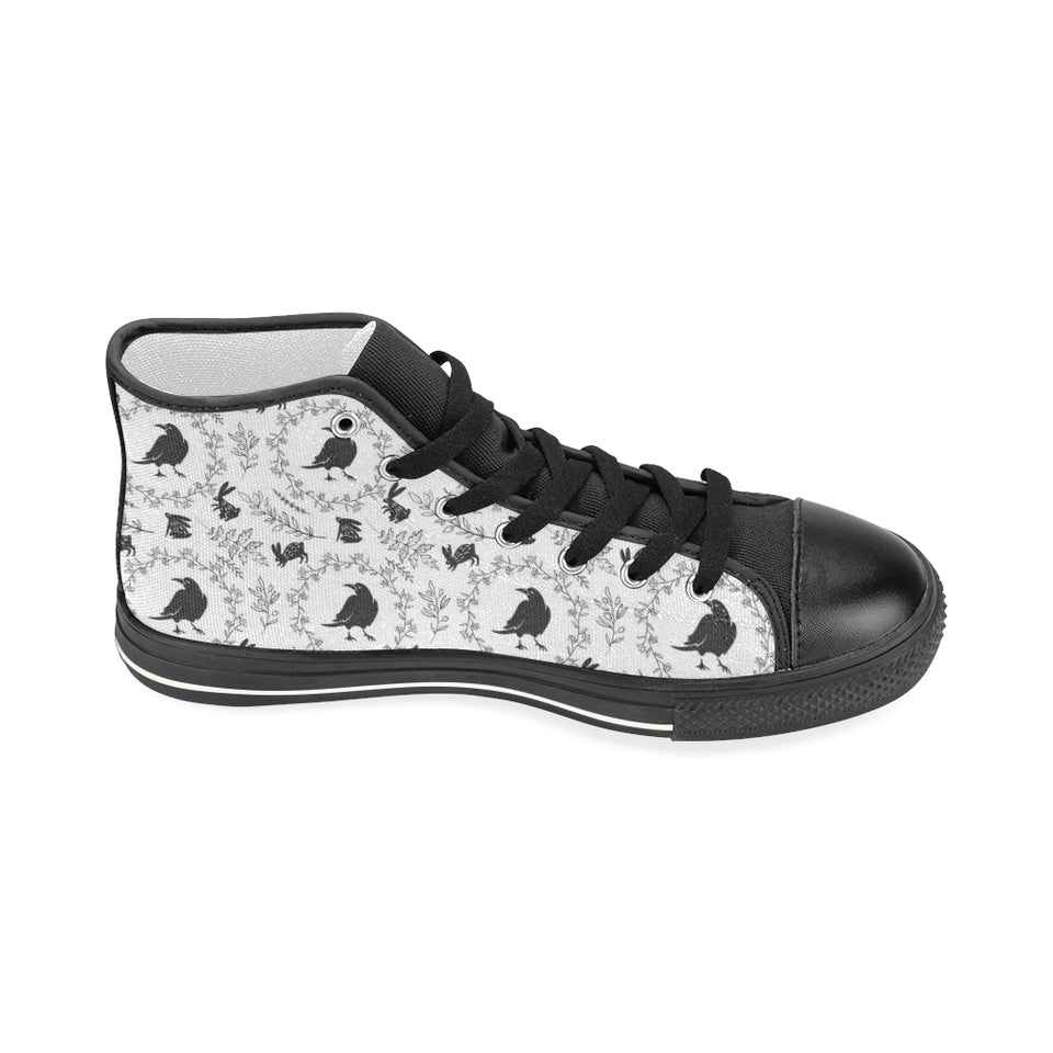 Crows floral wreath rabbit pattern Women's High Top Canvas Shoes Black