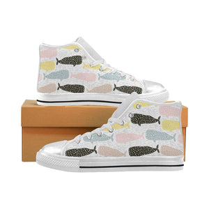 Whale dot pattern Women's High Top Canvas Shoes White