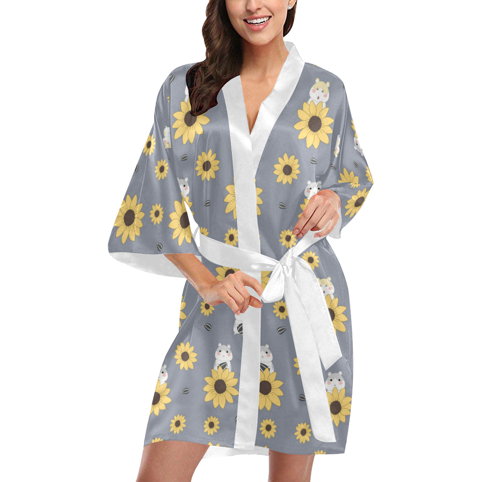 Cute hamster sunflower pattern background Women's Short Kimono Robe