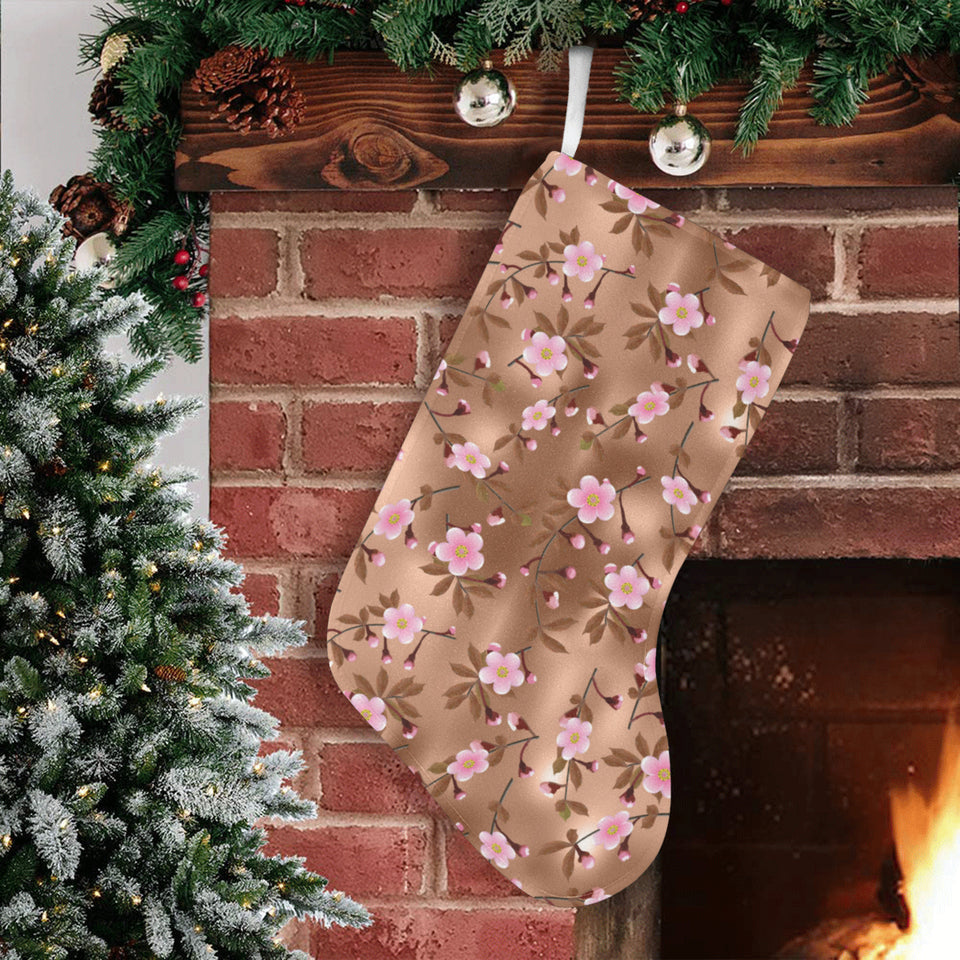 Pink sakura cherry blossom drak brown background Christmas Stocking