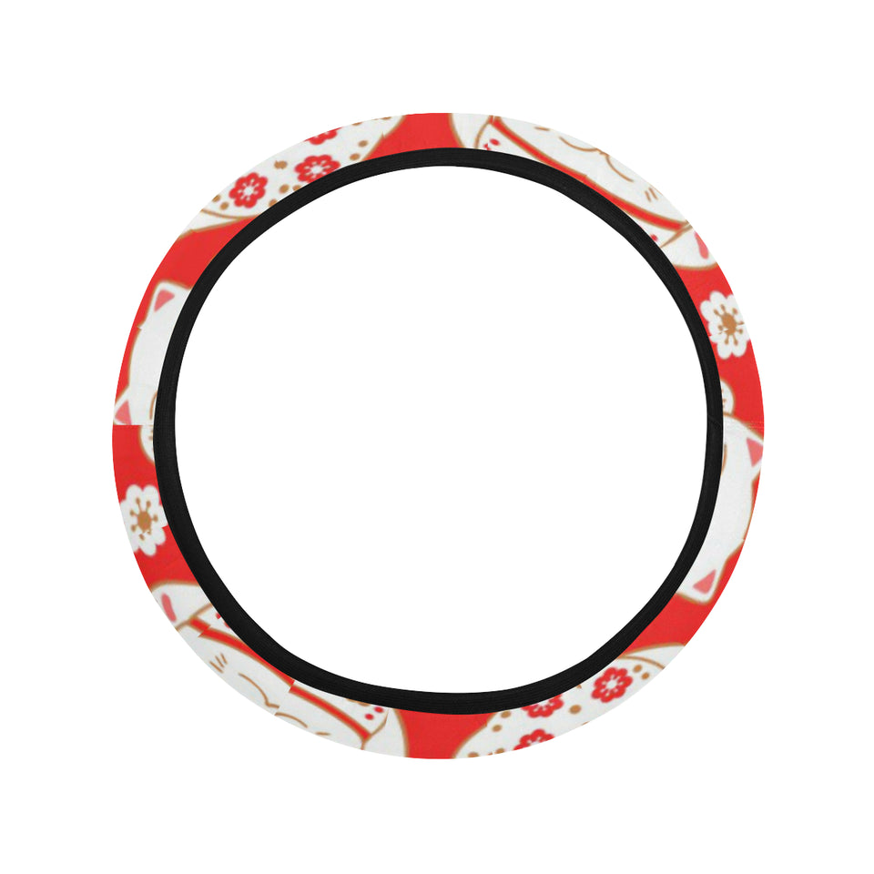 Cute Maneki neko cat red background Car Steering Wheel Cover
