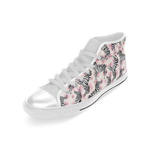 Zebra pink flower background Men's High Top Canvas Shoes White